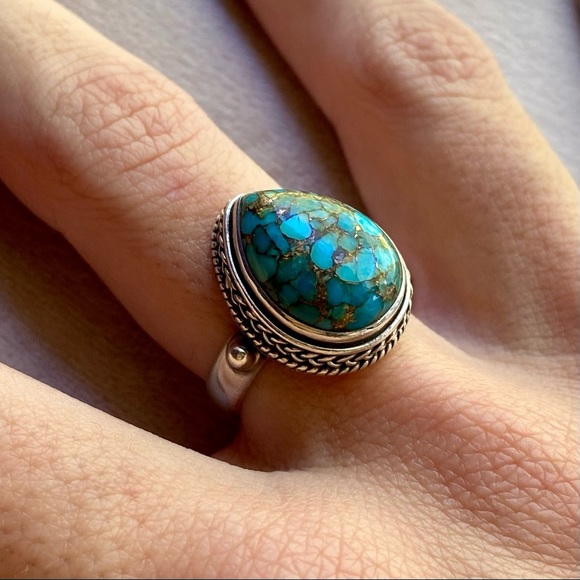 Blue Turquoise Copper Sterling Silver Ring Size 7 - Picture 7 of 10